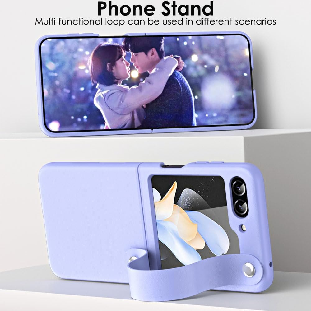 Samsung Galaxy Z Flip 5 Case, Z Flip 5 Leather Case with Leather Finger Holder, Hard PC Shockproof Case