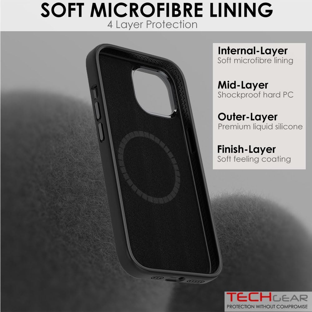 TECHGEAR iPhone 15 Magnetic Silicone Case, Premium Liquid Silicone Anti-Scratch Compatible with MagSafe Soft Gel Rubber, Microfibre Lining Shockproof Phone Case For iPhone 15 6.1" - Black