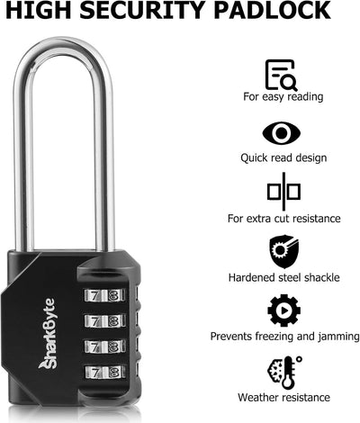 SharkByte 4-Dial Long Shackle Combination Padlock – 2.6" Heavy-Duty Weatherproof Lock for Gym, School, Shed, Garage, Fence & Toolbox (1 / 2 / 3 / 4 Pack)