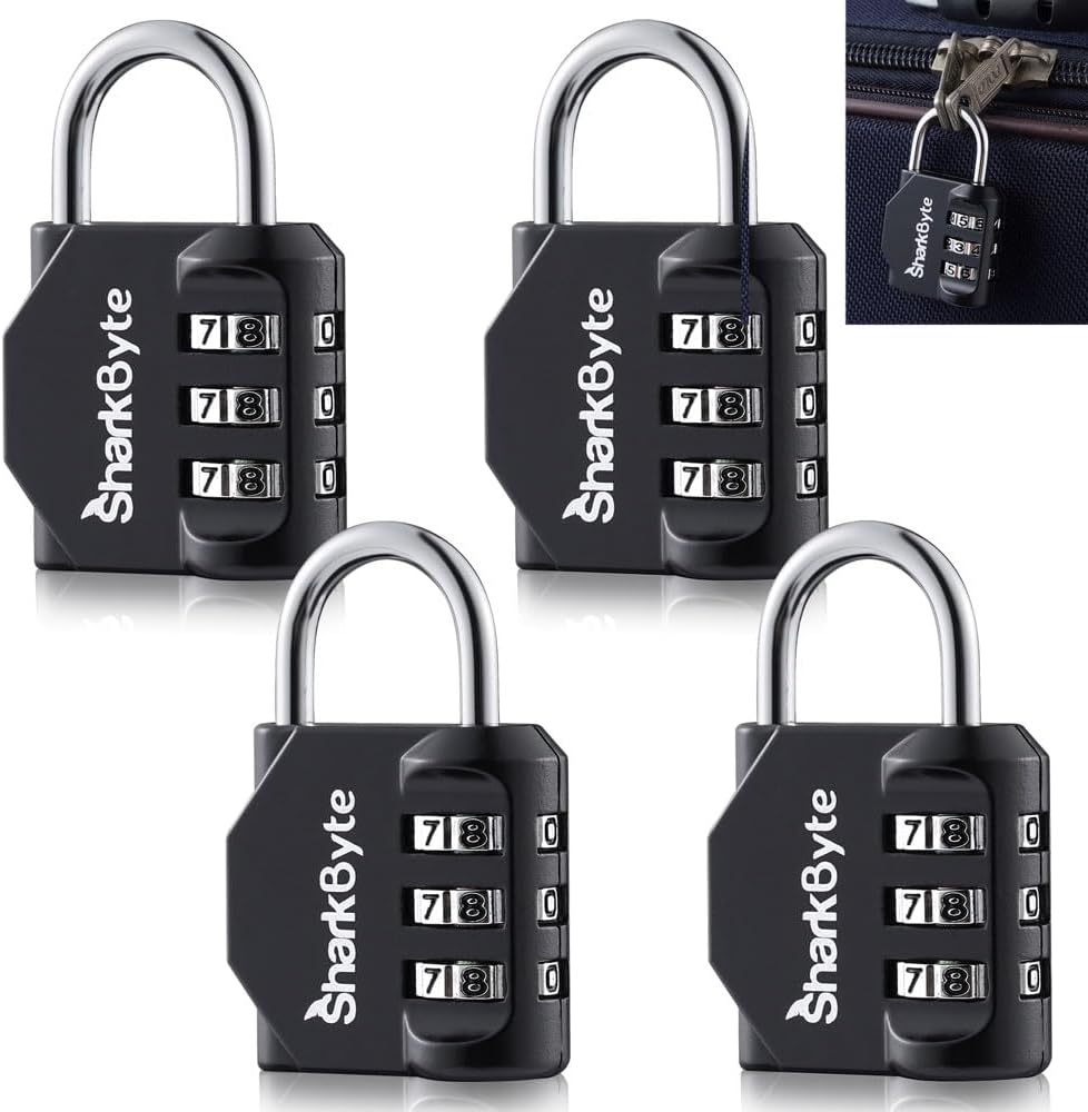 SharkByte Luggage Locks – 3-Dial Weatherproof Combination Padlock for Suitcases, Travel Bags, Gym Lockers & Outdoor Use (1 / 2 / 3 / 4 Pack)