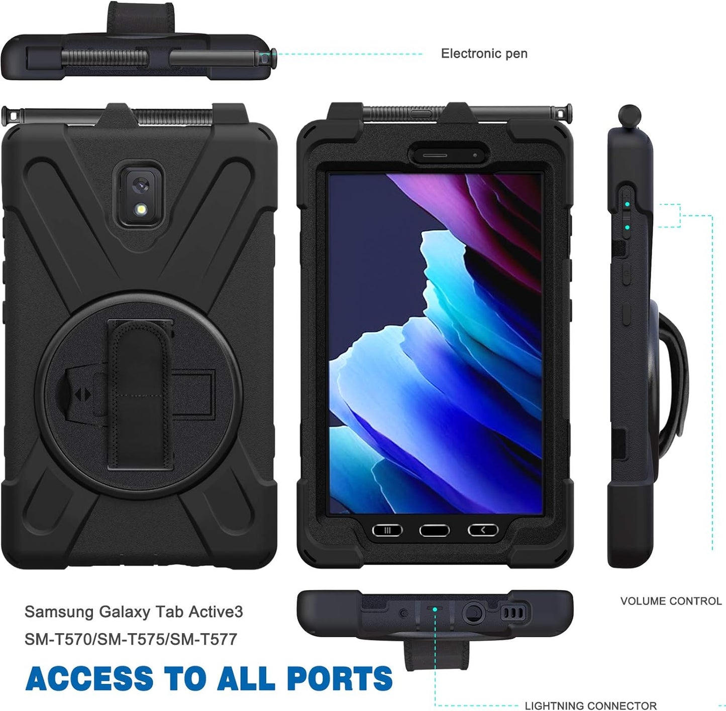 TECHGEAR X-Case fits Samsung Galaxy Tab Active 5 8.0" (SM-X306) Tough Rugged HEAVY DUTY Armour Shockproof Impact Case with 360 Rotating Stand, Hand Strap and Shoulder Strap Case - Black