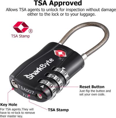 SharkByte TSA Suitcase Locks – 3-Dial Combination Cable Wire Travel Padlock for Luggage, Suitcases, Backpacks, Gym Lockers & Travel Bags (1 / 2 / 3 / 4 Pack)