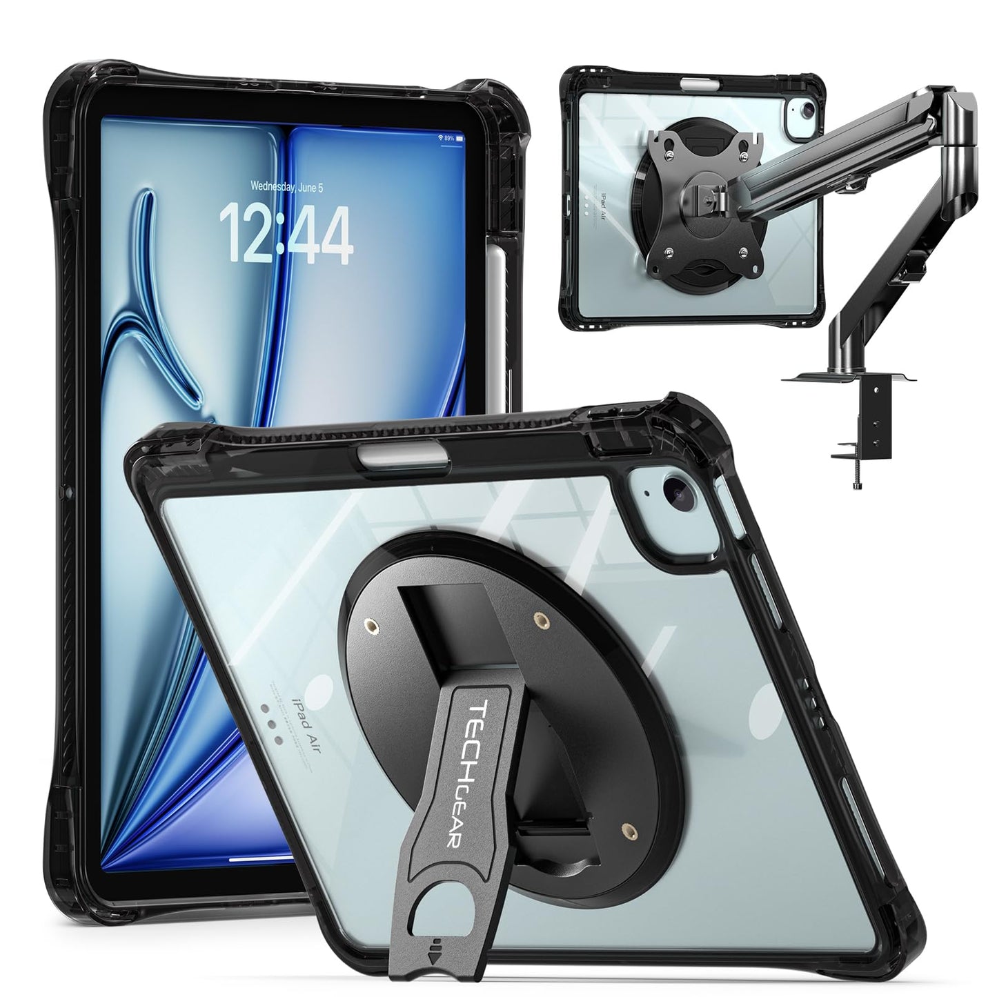 TECHGEAR ExoView VESA Mount Case for iPad Air 11-inch (2026 M4 / 2025 M3 / 2024 M2), Air 10.9 (4th/5th) & iPad Pro 11 (2018-2022) Slim Shockproof Clear Case with 360 Rotating Stand