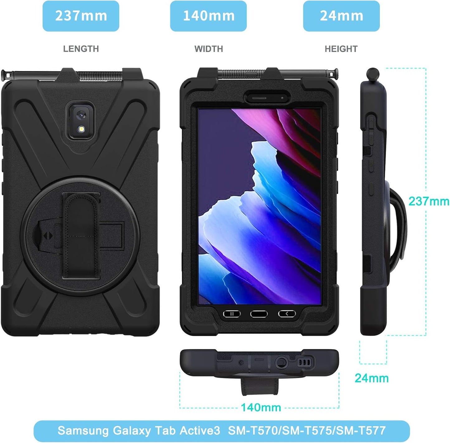 TECHGEAR X-Case fits Samsung Galaxy Tab Active 5 8.0" (SM-X306) Tough Rugged HEAVY DUTY Armour Shockproof Impact Case with 360 Rotating Stand, Hand Strap and Shoulder Strap Case - Black