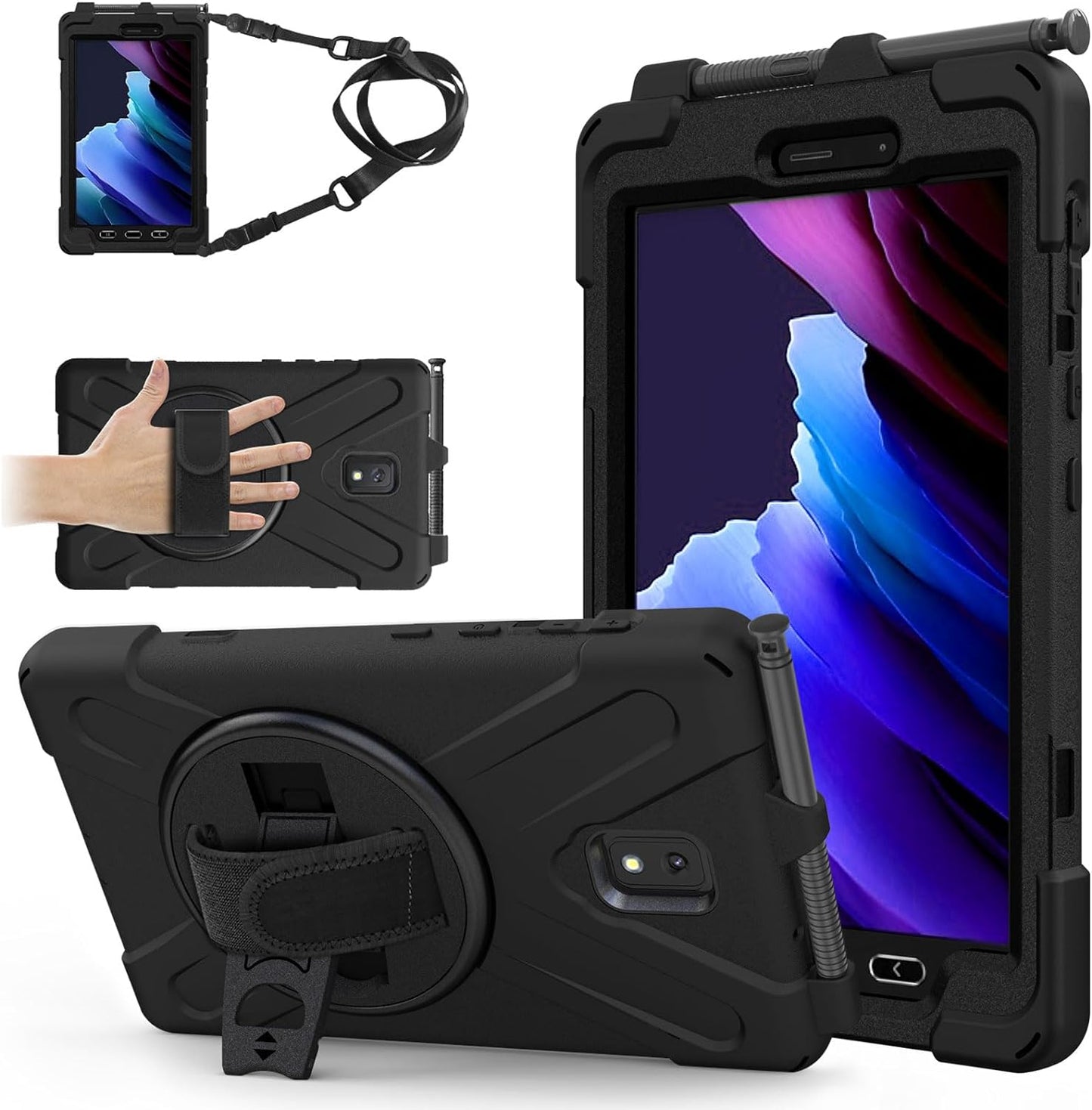 TECHGEAR X-Case fits Samsung Galaxy Tab Active 5 8.0" (SM-X306) Tough Rugged HEAVY DUTY Armour Shockproof Impact Case with 360 Rotating Stand, Hand Strap and Shoulder Strap Case - Black