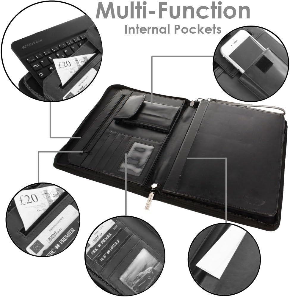 Executive Leather Folio Organiser with Anti-Shock Bubble Interior and Stash Pockets, Pouches and Card Slots