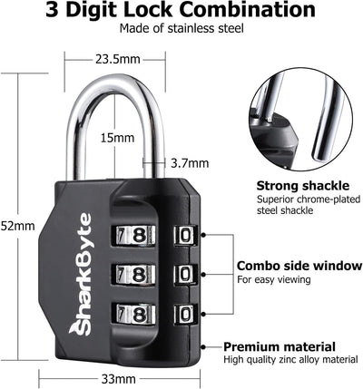 SharkByte Luggage Locks – 3-Dial Weatherproof Combination Padlock for Suitcases, Travel Bags, Gym Lockers & Outdoor Use (1 / 2 / 3 / 4 Pack)
