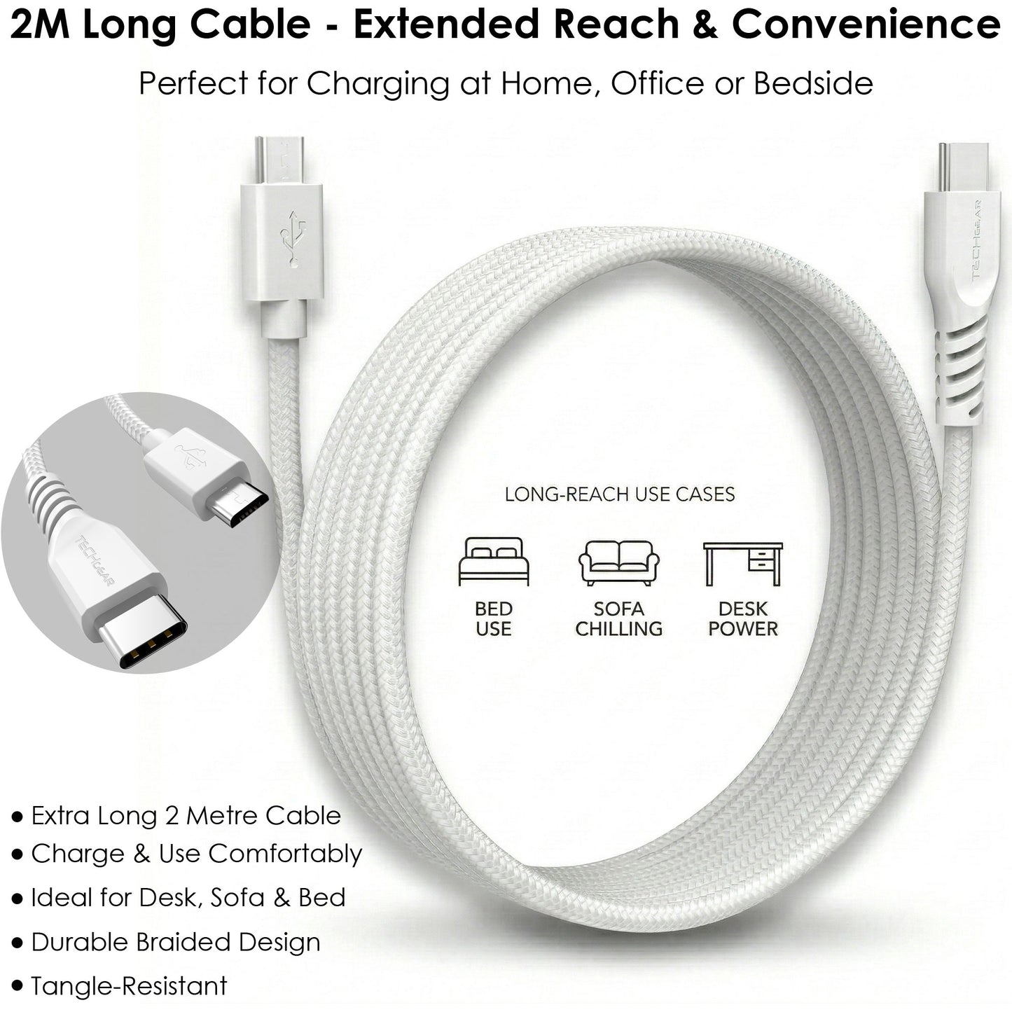 TECHGEAR USB C to Micro USB Cable 2M - 3A Fast Charging Braided Lead USB-C to Micro USB Charger Cable for Android Phones, PS4 Controller, Cameras, Tablets (White)