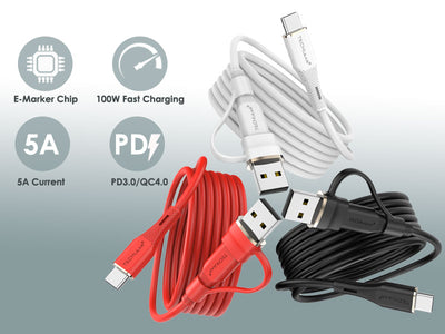 TECHGEAR 2-in-1 100 W USB-A/C to USB-C Soft Silicone Fast Charging Cable – Tangle-Free, PD 3.0/QC 4.0, E-Marker – Black | Red | White – 30 cm | 1 m | 2 m | 3 m | 2 Pack | 3 Pack