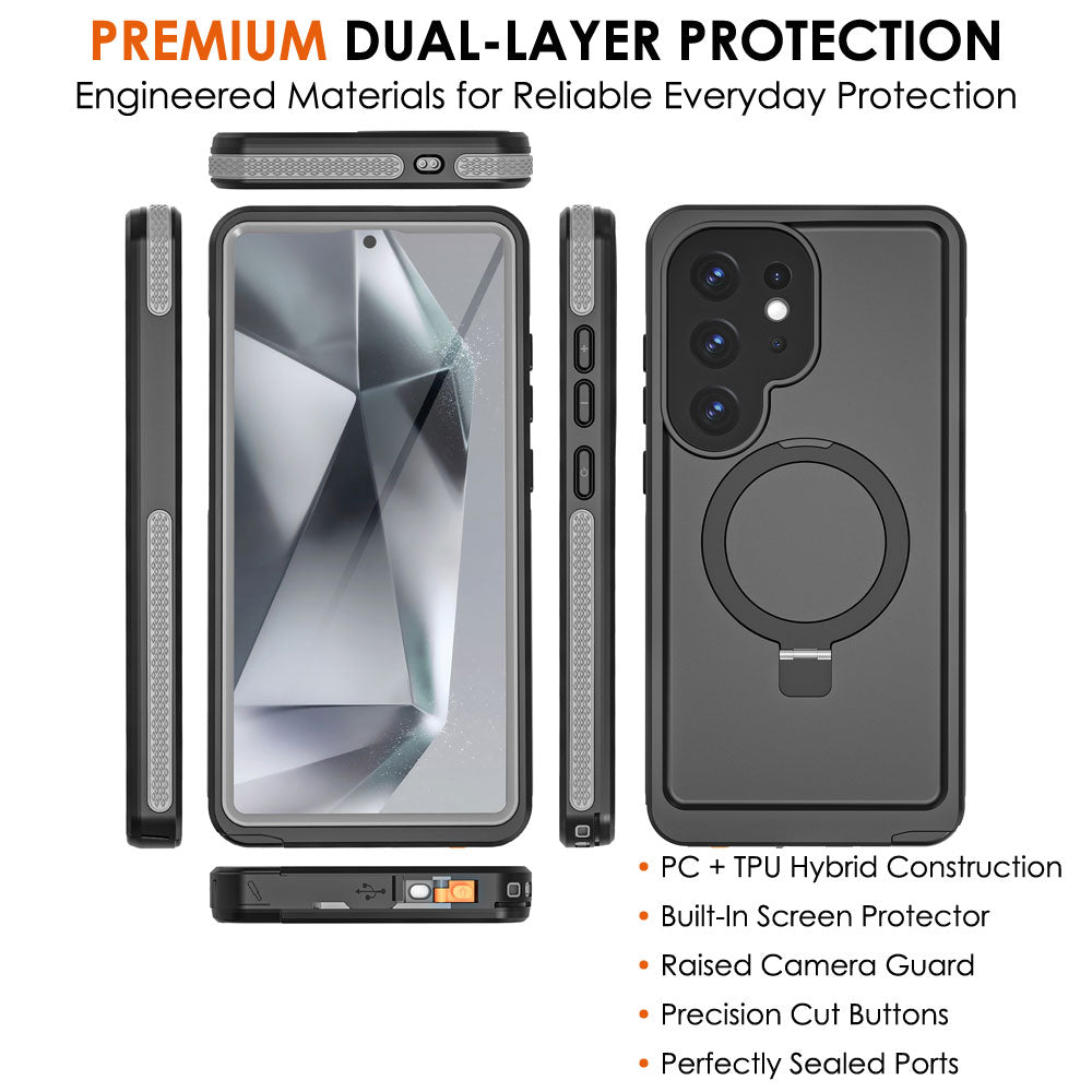 TECHGEAR Waterproof Magnetic Stand Case for Samsung Galaxy S25 Ultra – IP68 Shockproof Full Body Magnetic Charging Compatible Cover