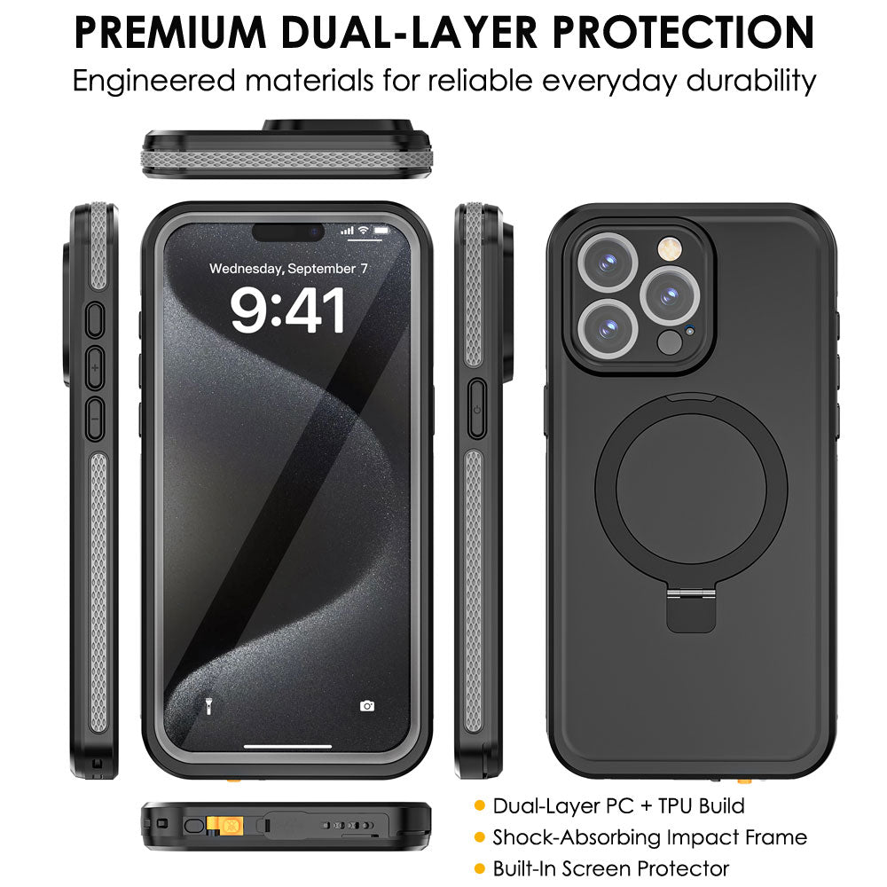 TECHGEAR Waterproof Magnetic Stand Case for iPhone 15 Pro 6.1" – IP68 Shockproof MagSafe Compatible Cover