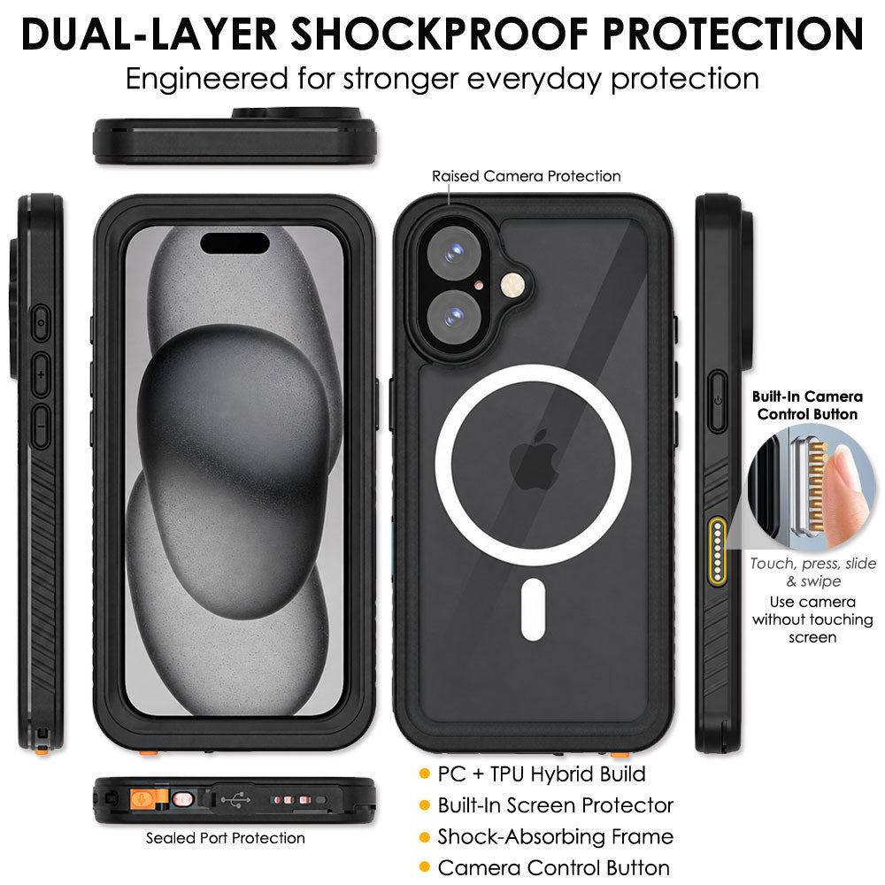 TECHGEAR Waterproof MagSafe Charging Case for iPhone 16 6.3" – IP68 Shockproof 360° Full Body Sealed Cover with Built-In Screen Protector