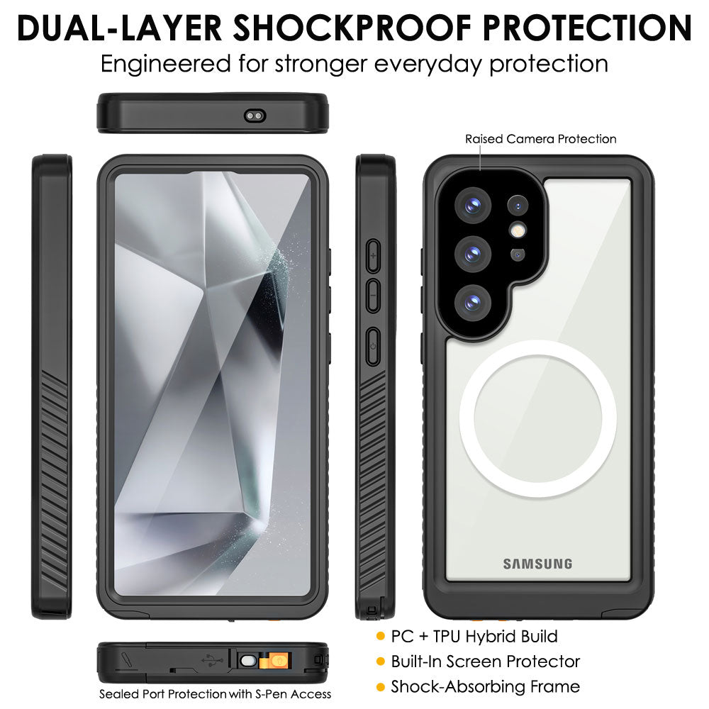 TECHGEAR Waterproof Magnetic Case for Samsung Galaxy S25 Ultra – IP68 Shockproof 360° Full Body Sealed Cover with Built-In Screen Protector