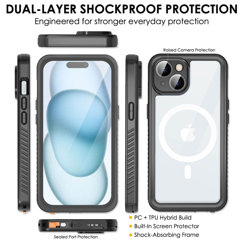 TECHGEAR Waterproof MagSafe Charging Case for iPhone 15 6.1" – IP68 Shockproof 360° Full Body Sealed Cover with Built-In Screen Protector