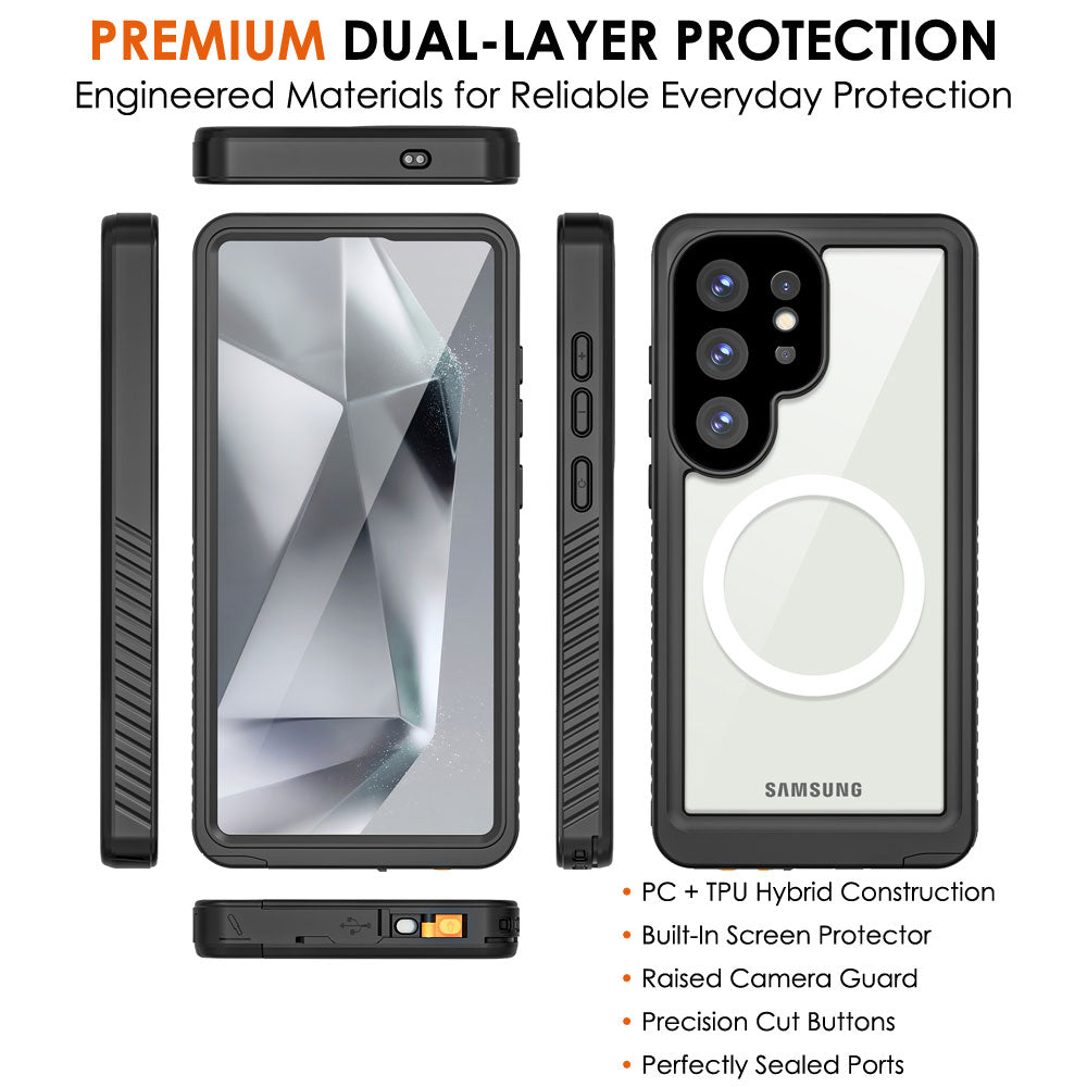 TECHGEAR Waterproof Magnetic Case for Samsung Galaxy S25 Ultra – IP68 Shockproof 360° Full Body Sealed Cover with Built-In Screen Protector