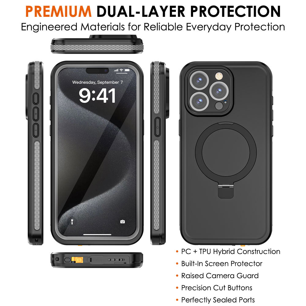 TECHGEAR Waterproof Magnetic Stand Case for iPhone 15 Pro 6.1" – IP68 Shockproof MagSafe Compatible Cover