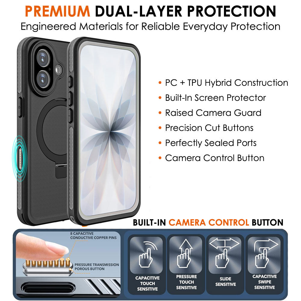 TECHGEAR Waterproof Magnetic Stand Case for iPhone 16 6.1" – IP68 Shockproof MagSafe Compatible Cover