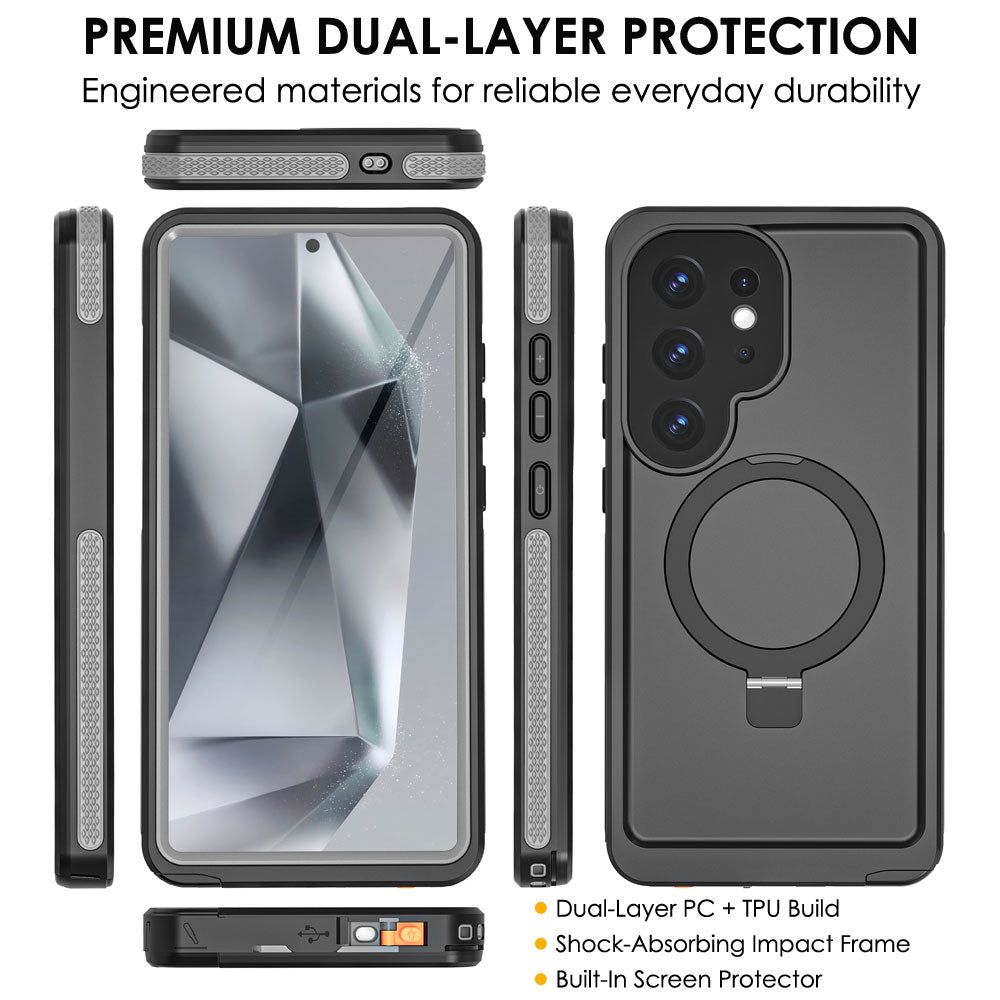 TECHGEAR Waterproof Magnetic Stand Case for Samsung Galaxy S25 Ultra – IP68 Shockproof Full Body Magnetic Charging Compatible Cover