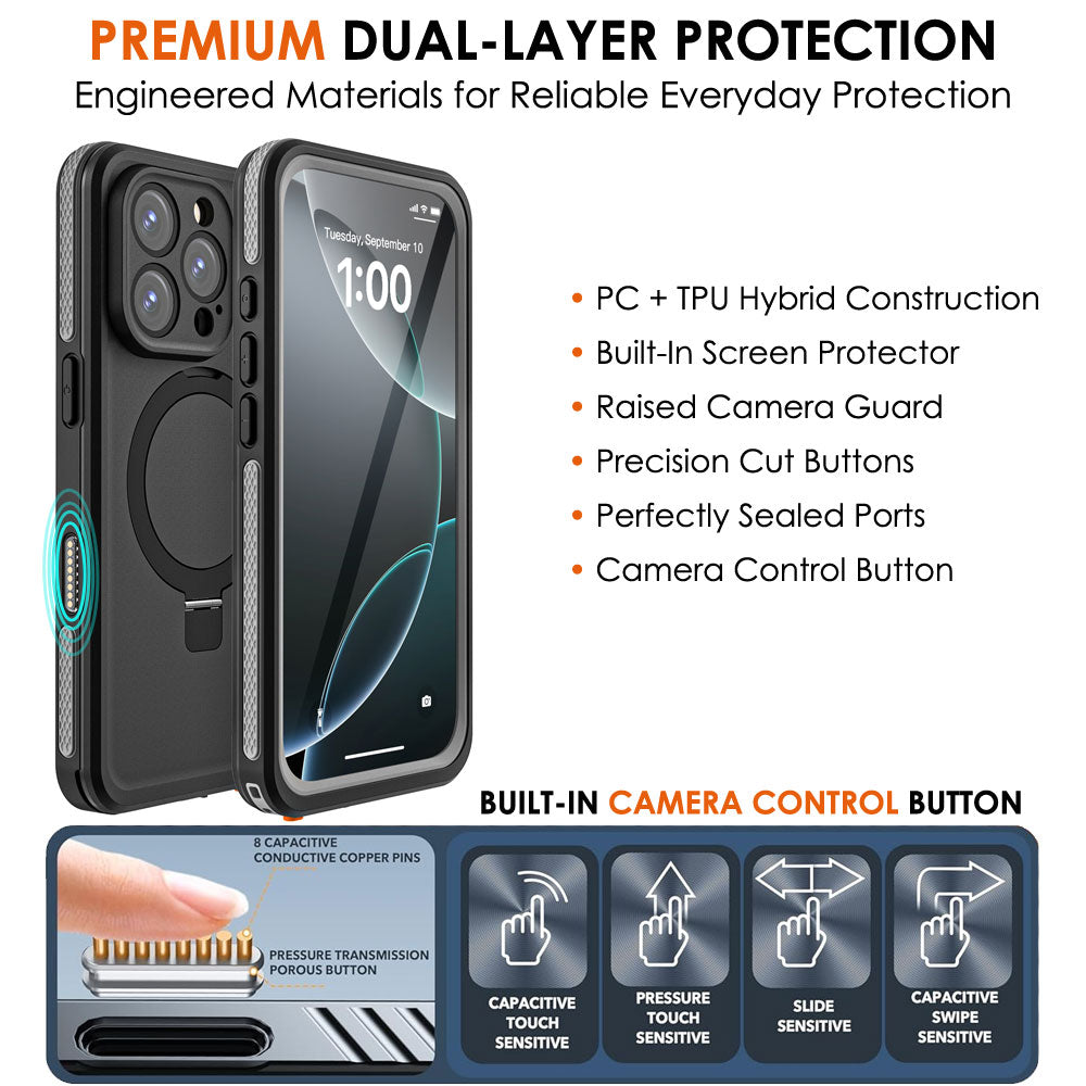 TECHGEAR Waterproof Magnetic Stand Case for iPhone 16 Pro Max 6.9" – IP68 Shockproof MagSafe Compatible Cover