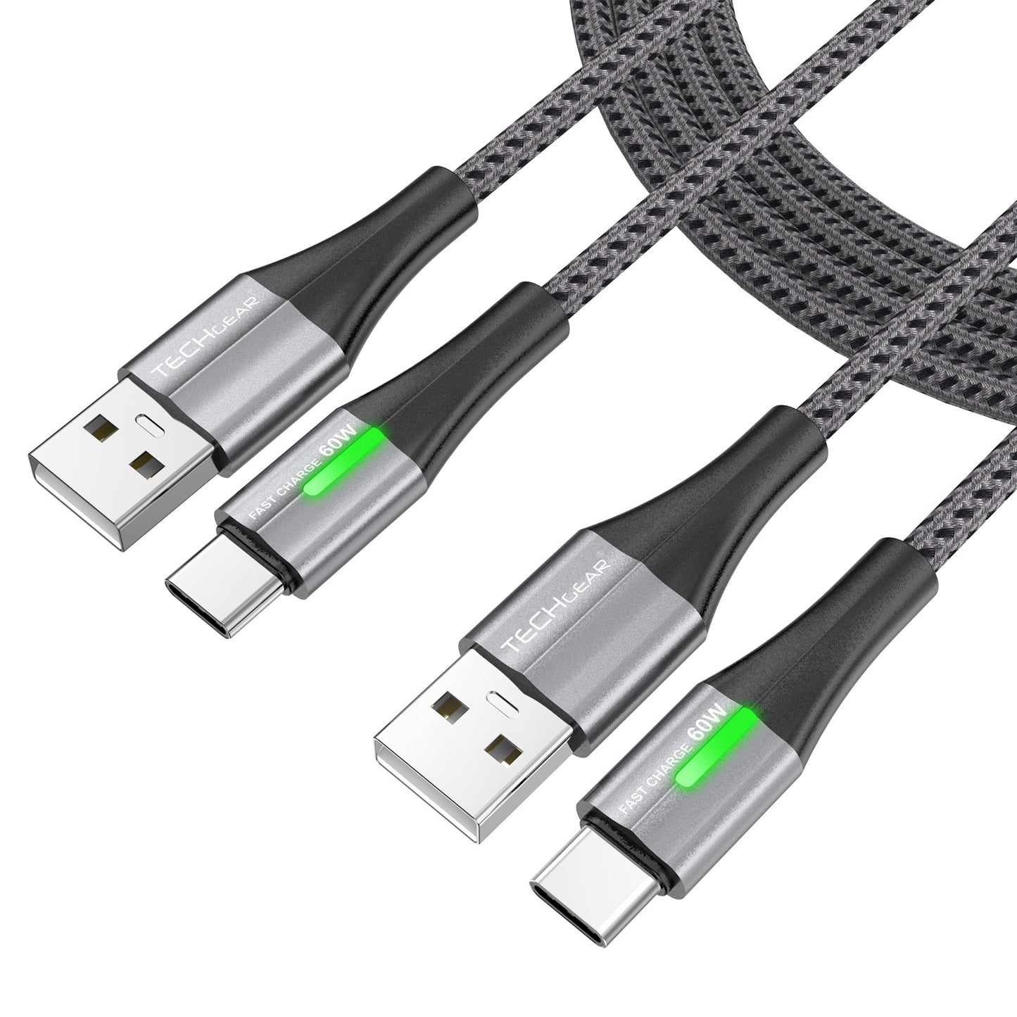 TECHGEAR 60 W USB-A to USB-C Fast Charging Cable with LED Light – 3A QC 3.0, Nylon Braided, 0.3 m | 1 m | 2 m | 3 m | 2 Pack | 3 Pack