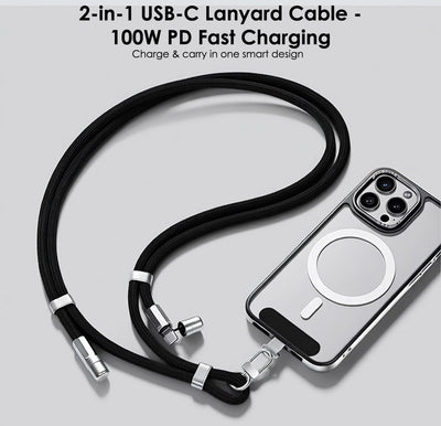 TECHGEAR USB-C to USB-C Lanyard Charging Cable 100W PD, Adjustable 45-80cm Wearable Crossbody Phone Neck Strap, Braided Fast Charge Cable