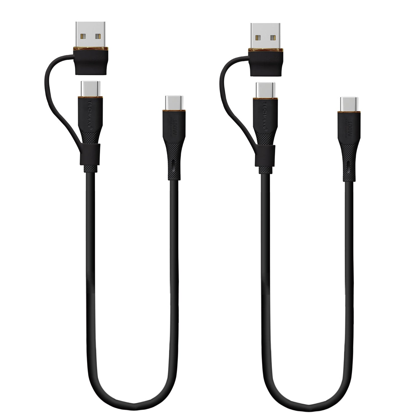 TECHGEAR 2-in-1 100 W USB-A/C to USB-C Soft Silicone Fast Charging Cable – Tangle-Free, PD 3.0/QC 4.0, E-Marker – Black | Red | White – 30 cm | 1 m | 2 m | 3 m | 2 Pack | 3 Pack