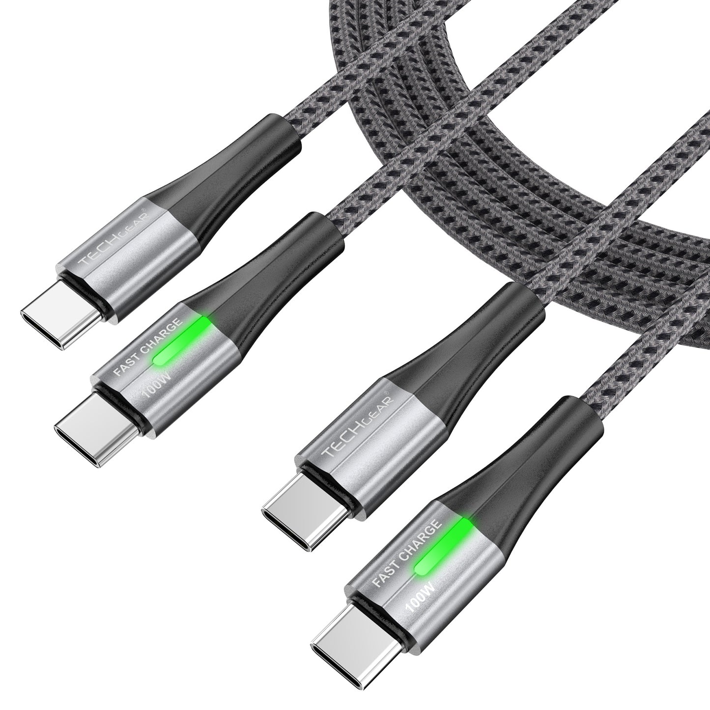 TECHGEAR 100 W USB-C to USB-C Fast Charging Cable with LED Power Display – PD 3.0 / QC 4.0 E-Marker, Nylon Braided – 0.3 m | 1 m | 2 m | 3 m | 2 Pack | 3 Pack