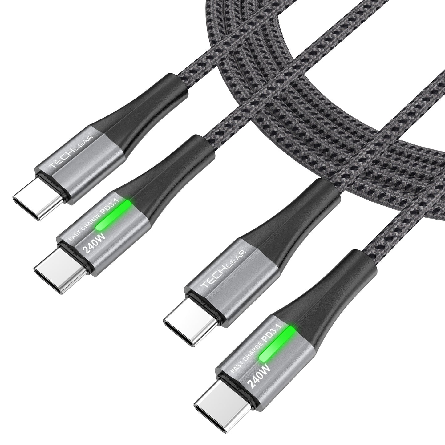 TECHGEAR 240 W USB-C to USB-C Super Fast Charging Cable with LED Light – PD 3.1 / 48 V 5 A, E-Marker, Nylon Braided – 0.3 m | 1 m | 2 m | 3 m | 2 Pack | 3 Pack