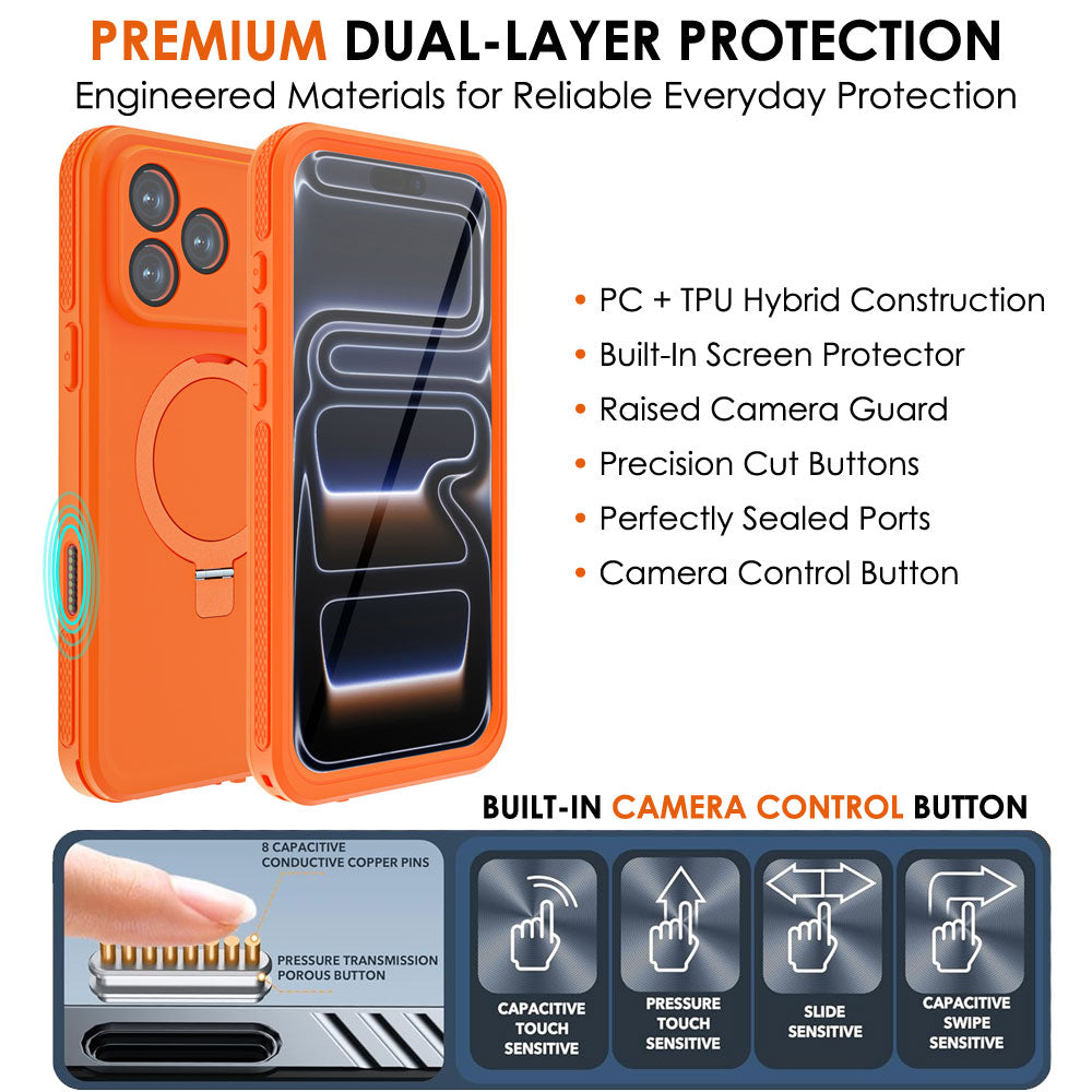 TECHGEAR Waterproof Magnetic Stand Case for iPhone 17 Pro 6.3" – IP68 Shockproof MagSafe Compatible Cover (Black / Orange)