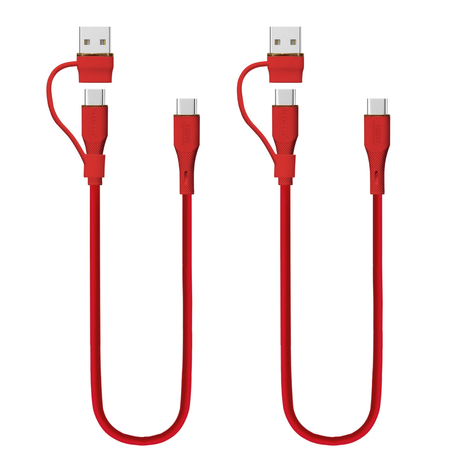 TECHGEAR 2-in-1 100 W USB-A/C to USB-C Soft Silicone Fast Charging Cable – Tangle-Free, PD 3.0/QC 4.0, E-Marker – Black | Red | White – 30 cm | 1 m | 2 m | 3 m | 2 Pack | 3 Pack