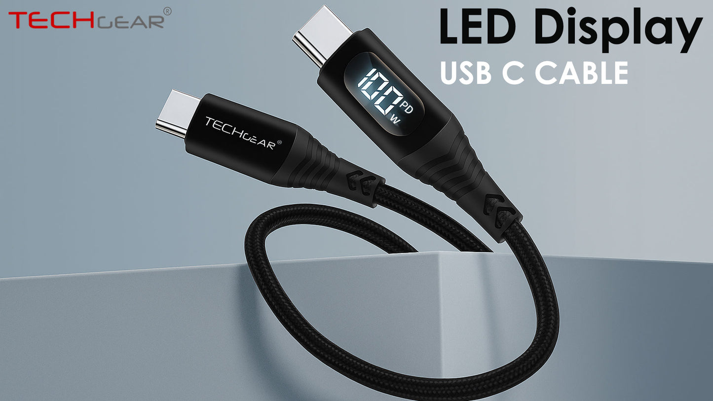 TECHGEAR 100W USB-C to USB-C Fast Charging Cable with LED Power Display – PD3.0 / QC4.0, Nylon Braided, E-Marker Chip, 30cm | 1m | 2m | 3m