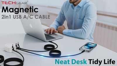 TECHGEAR Magnetic 2-in-1 100 W USB-A/C to USB-C Fast Charging Coiling Cable – 5 A PD 3.0 / QC 4.0, Nylon Braided – Black | White – 0.3 m | 1 m | 2 m