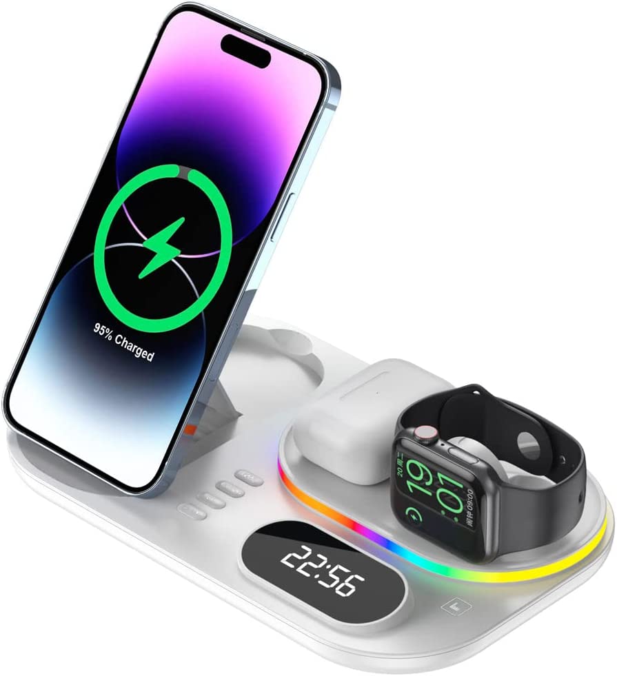 4 in1 Wireless Charging Station Clock & Light, 30W Fast Wireless Charging Stand