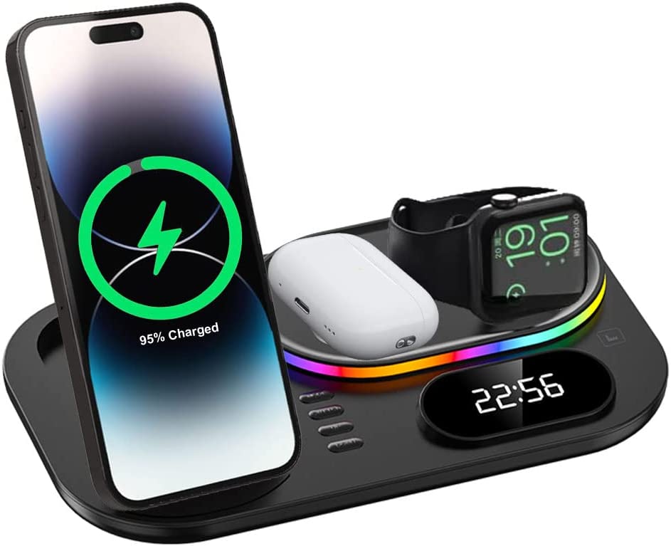 4 in1 Wireless Charging Station Clock & Light, 30W Fast Wireless Charging Stand