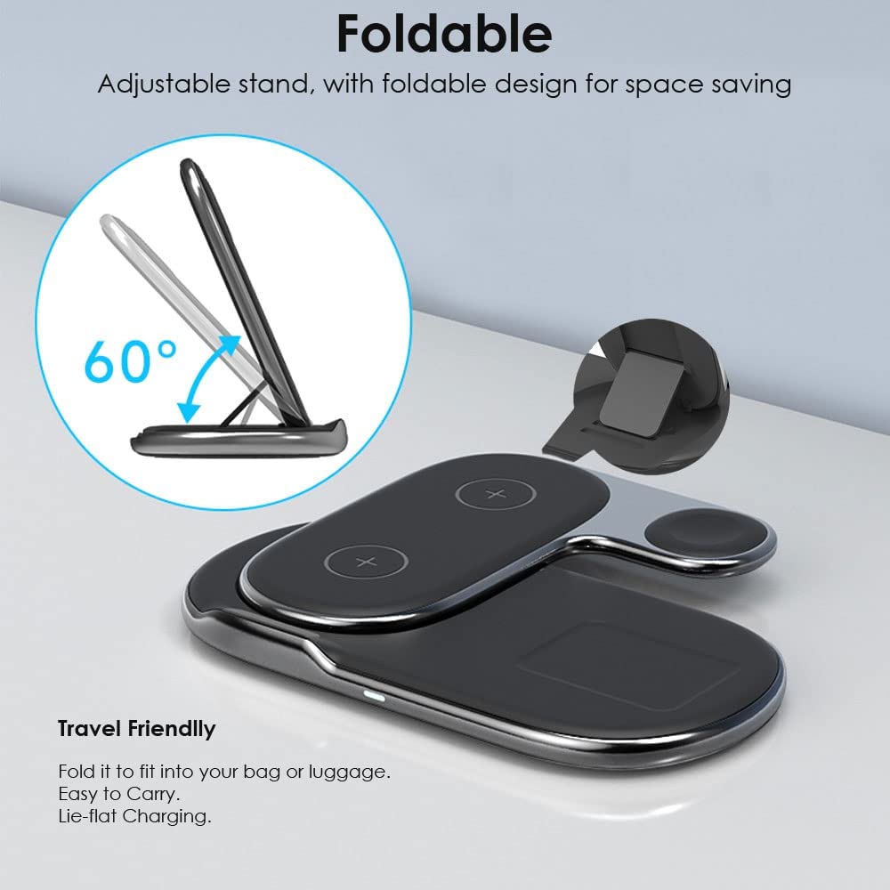3 in1 Wireless Travel Charger Station, 15W Fast Wireless Folding Charging Dock Stand