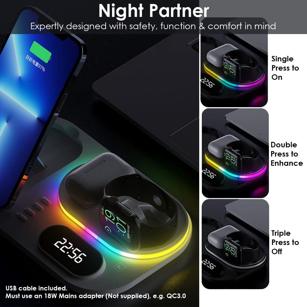 4 in1 Wireless Charging Station Clock & Light, 30W Fast Wireless Charging Stand
