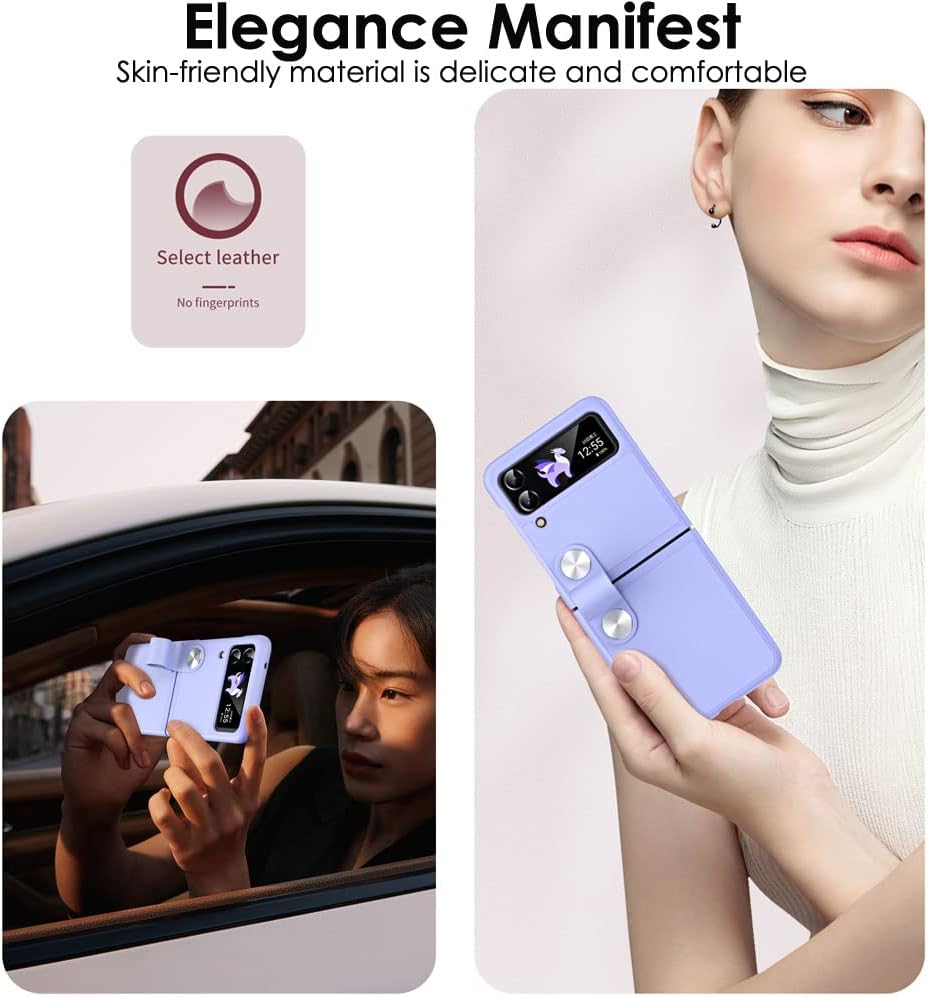 Samsung Galaxy Z Flip 4 / Flip 3 Case, Z Flip 4/3 Leather Case with Leather Finger Holder, Hard PC Shockproof Protective Bumper Case