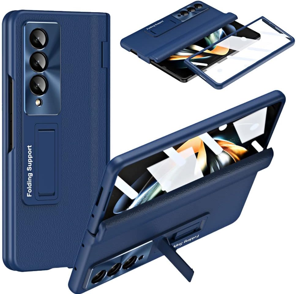 Samsung Galaxy Z Fold 4 Case Screen Protector Phone Case with Hinge Protection, Leather Fit Cover with Built-in Glass Screen Protector & Kickstand