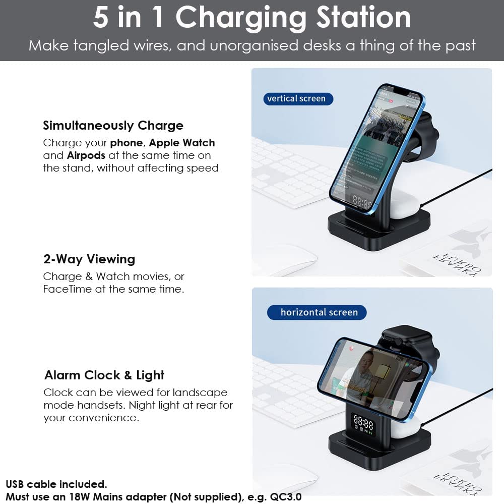 5 in1 Wireless Charging Station Alarm & Light, 15W Wireless MagSafe Charging Stand