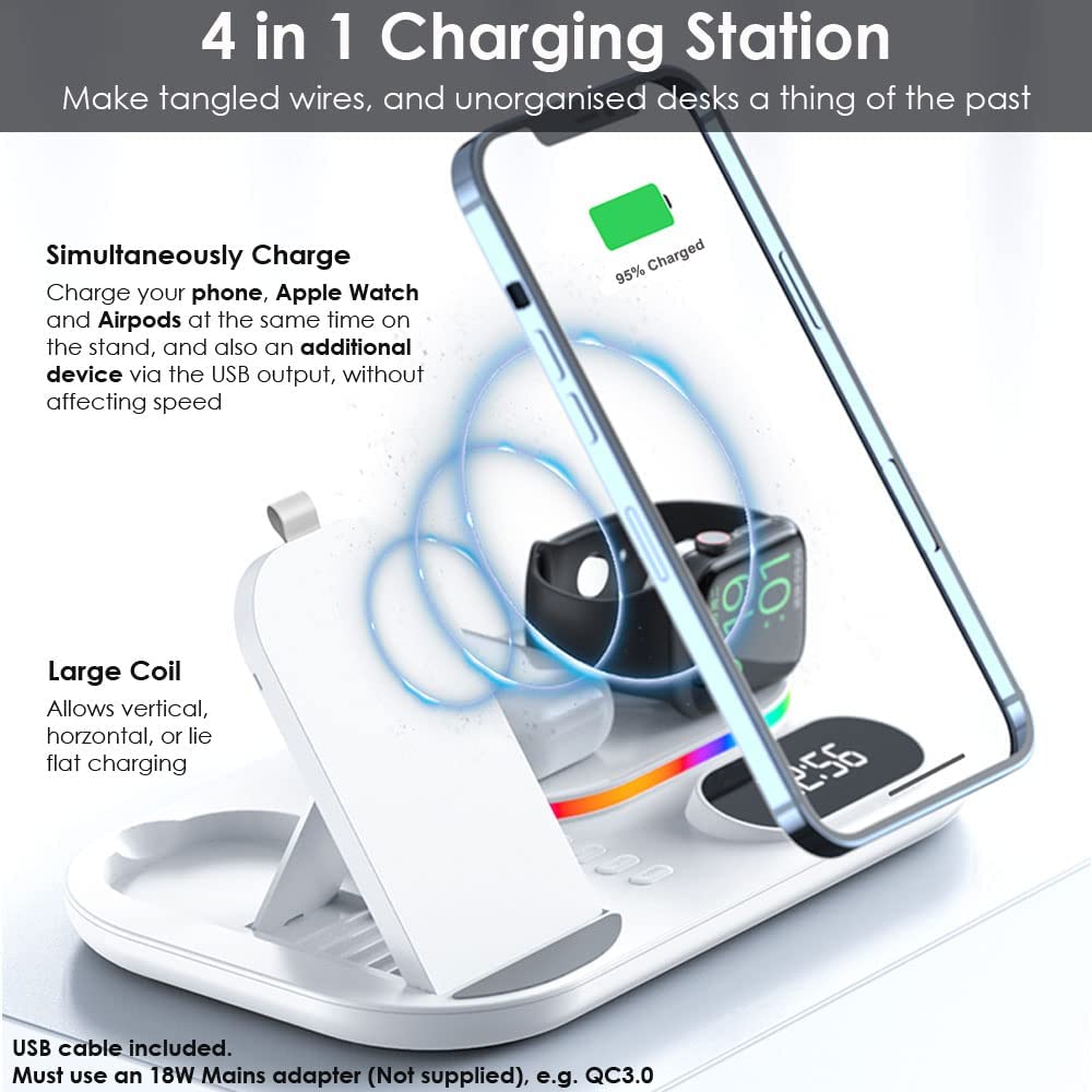 4 in1 Wireless Charging Station Clock & Light, 30W Fast Wireless Charging Stand