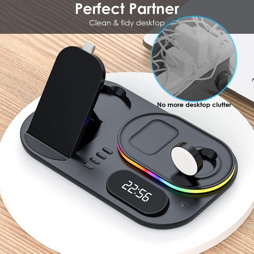 4 in1 Wireless Charging Station Clock & Light, 30W Fast Wireless Charging Stand