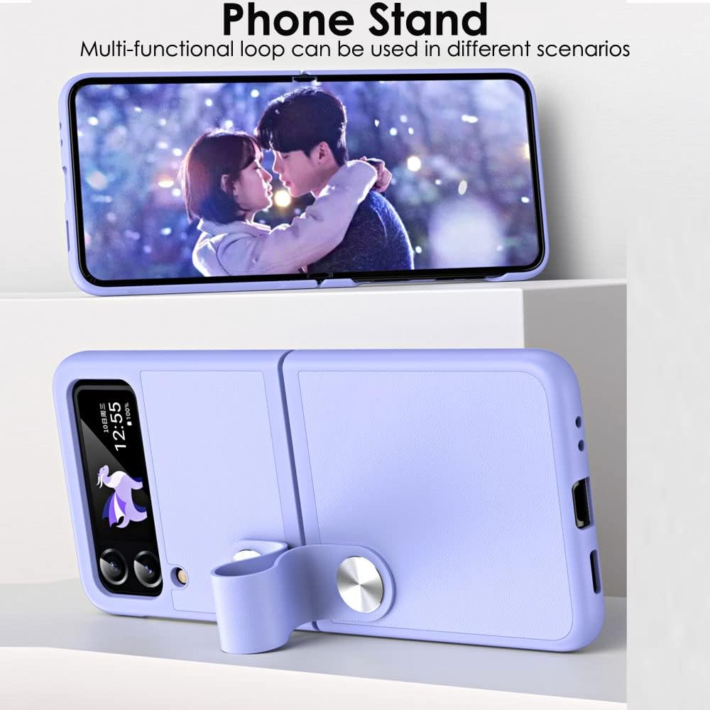 Samsung Galaxy Z Flip 4 / Flip 3 Case, Z Flip 4/3 Leather Case with Leather Finger Holder, Hard PC Shockproof Protective Bumper Case