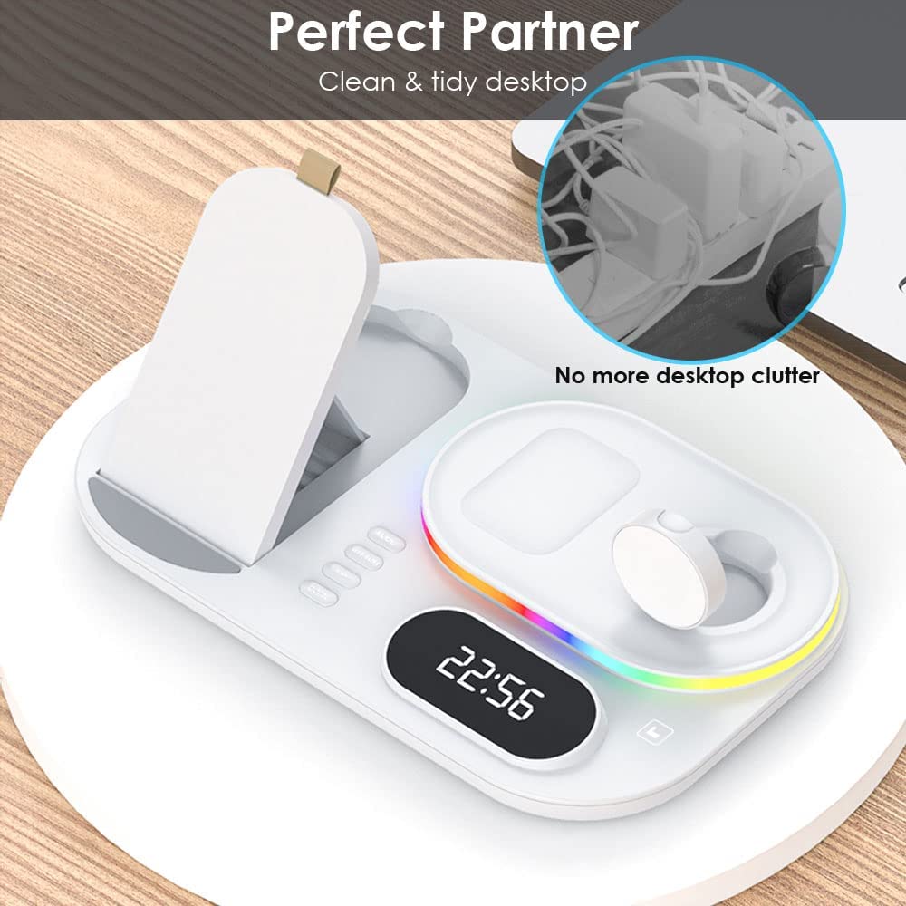 4 in1 Wireless Charging Station Clock & Light, 30W Fast Wireless Charging Stand