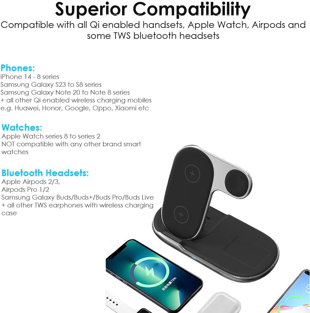 3 in1 Wireless Travel Charger Station, 15W Fast Wireless Folding Charging Dock Stand