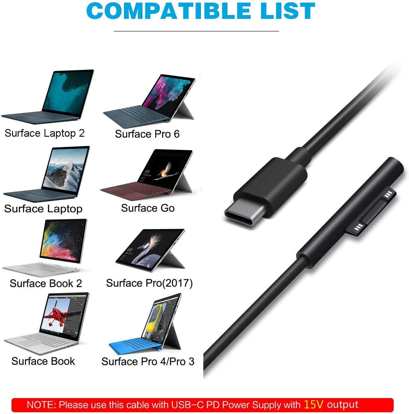 Charging Cable For Microsoft Surface Pro 9, 8,7, 6, 5, 4, Surface Book 1 / 2