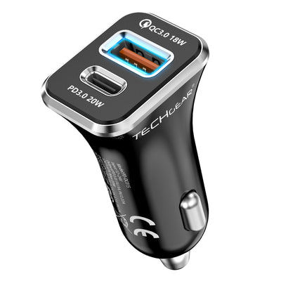 TECHGEAR 38W USB C Car Charger 12V/24V [PD 20W + QC3.0 18W] Dual Port Fast Charging Cigarette Lighter USB Adapter for Mobile, Tablets, Gaming Devices etc