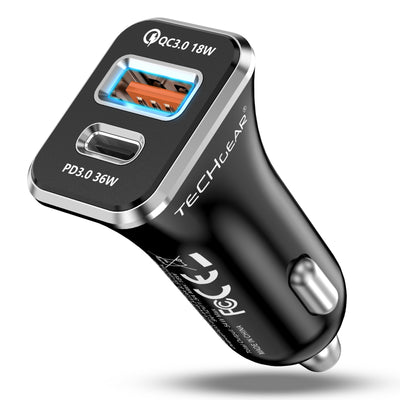 TECHGEAR 54W USB C Car Charger 12V/24V [PD 36W + QC3.0 18W] Dual Port Fast Charging Cigarette Lighter USB Adapter for Mobile, Tablets, Gaming Devices etc