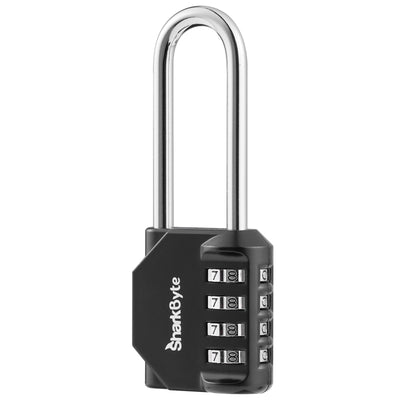 SharkByte Long Shackle Combination Padlock – Heavy Duty 4-Digit Weatherproof Outdoor Lock for Gym, School, Shed, Gate & Garage (1 / 2 / 3 Pack)