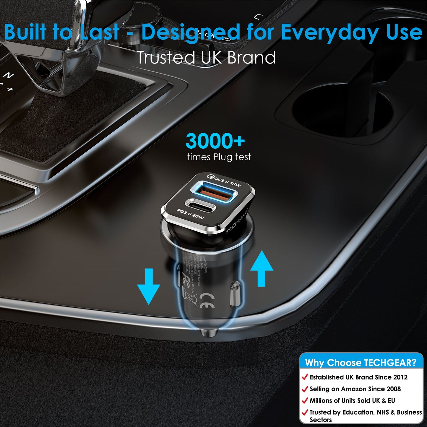 TECHGEAR 38W USB C Car Charger 12V/24V [PD 20W + QC3.0 18W] Dual Port Fast Charging Cigarette Lighter USB Adapter for Mobile, Tablets, Gaming Devices etc