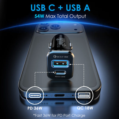TECHGEAR 54W USB C Car Charger 12V/24V [PD 36W + QC3.0 18W] Dual Port Fast Charging Cigarette Lighter USB Adapter for Mobile, Tablets, Gaming Devices etc